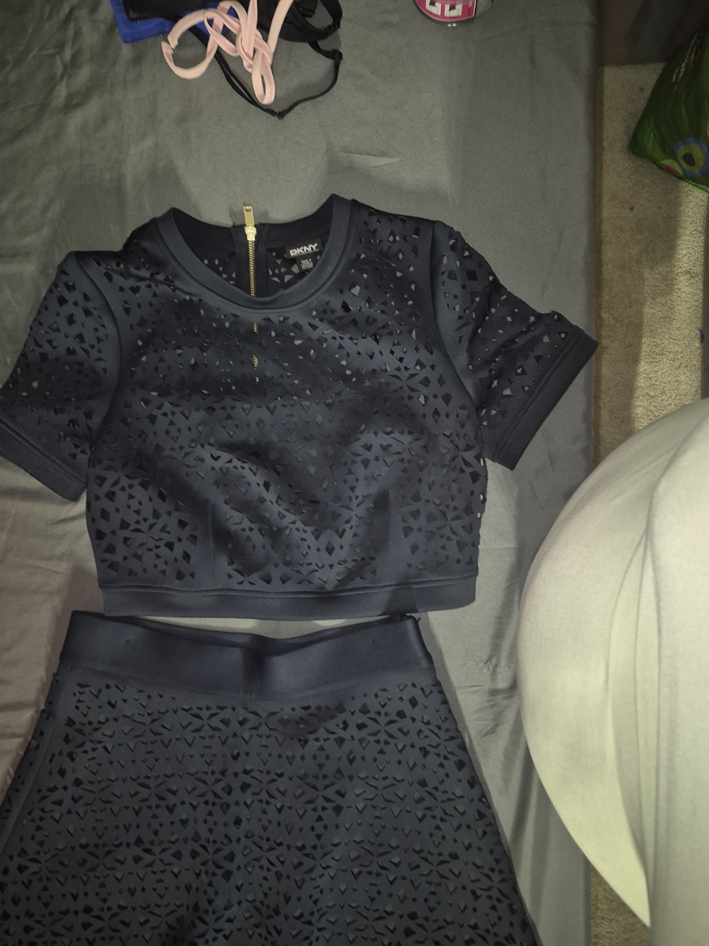 DKNY Navy Laser-Cut Crop Top and Skirt Set